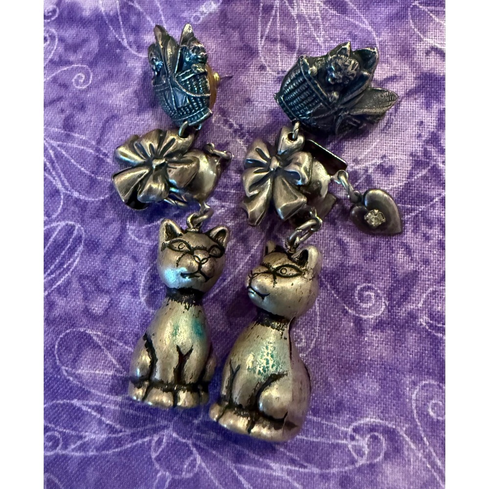La Contessa Womens Drop Earrings Silver Cat Heart Bow Flower Basket Whimsical